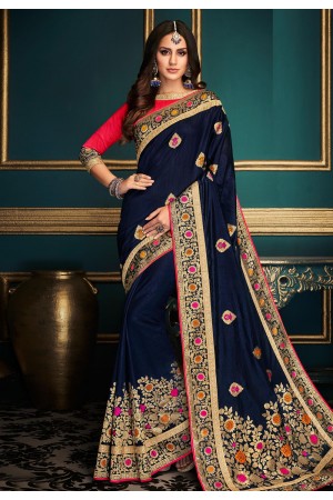 Navy blue satin embroidered saree with blouse  10615
